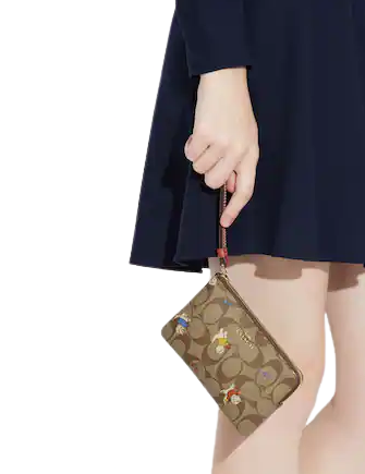 Coach Corner Zip Wristlet In Signature Canvas With Cat Mittens Print