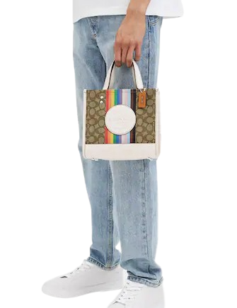 Coach Dempsey Tote 22 In Signature Jacquard With Rainbow Stripe And Coach Patch