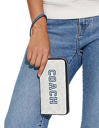 Coach Long Zip Around Wallet In Signature Canvas With Varsity Motif