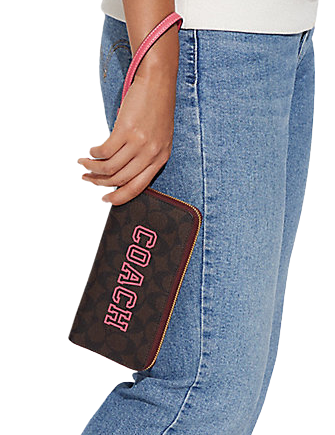 Coach Long Zip Around Wallet In Signature Canvas With Varsity Motif