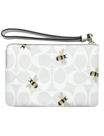 Coach Corner Zip Wristlet In Signature Canvas With Bee Print