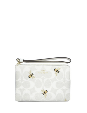 Coach Corner Zip Wristlet In Signature Canvas With Bee Print
