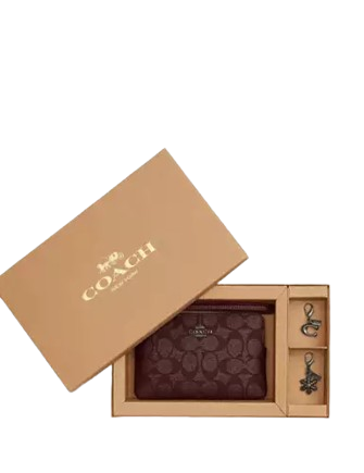 Coach Boxed Corner Zip Wristlet In Signature Canvas With Charms