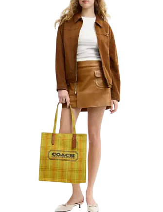 Coach Canvas Tote Bag With Plaid Print