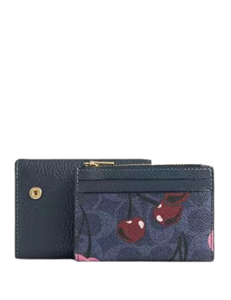 Coach Card Holder Wallet In Signature Canvas With Cherry Print