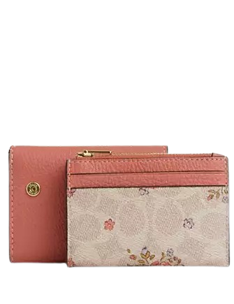 Coach Card Holder Wallet In Signature Canvas With Floral Print