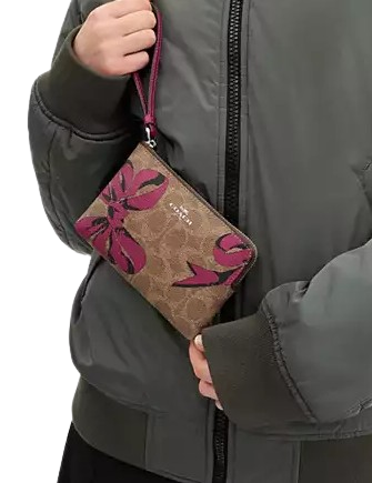 Coach Corner Zip Wristlet In Signature Canvas With Bow Print