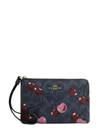 Coach Corner Zip Wristlet In Signature Canvas With Cherry Print