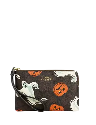 Coach Corner Zip Wristlet In Signature Canvas With Halloween Print