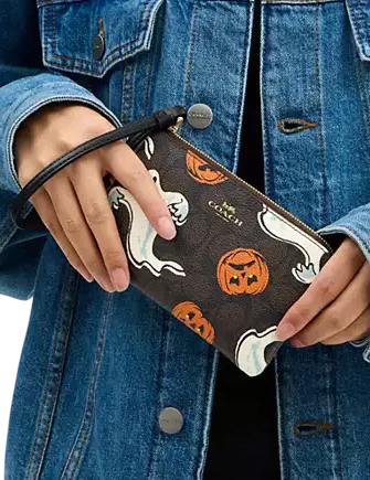 Coach Corner Zip Wristlet In Signature Canvas With Halloween Print
