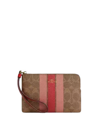 Coach Corner Zip Wristlet In Signature Canvas With Stripe