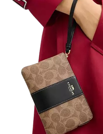 Coach Corner Zip Wristlet In Signature Canvas With Stripe