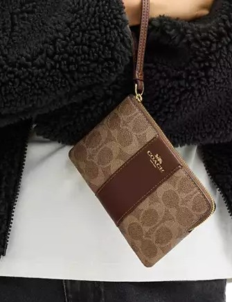 Coach Corner Zip Wristlet In Signature Canvas With Stripe