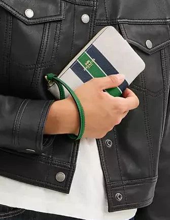 Coach Corner Zip Wristlet In Signature Canvas With Varsity Stripe