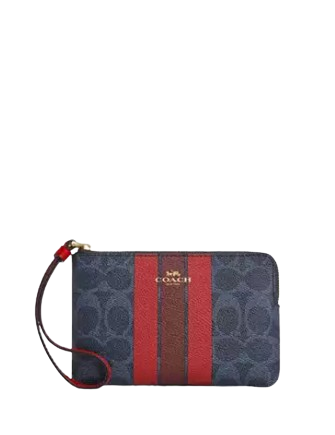 Coach Corner Zip Wristlet In Signature Canvas With Varsity Stripe