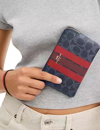 Coach Corner Zip Wristlet In Signature Canvas With Varsity Stripe