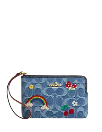 Coach Corner Zip Wristlet In Signature Denim