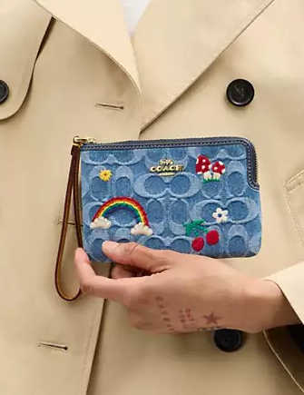 Coach Corner Zip Wristlet In Signature Denim