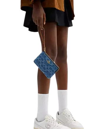 Coach Corner Zip Wristlet In Signature Denim
