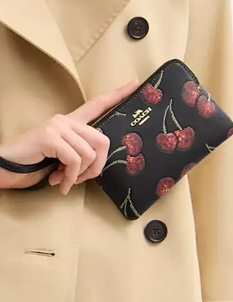 Coach Corner Zip Wristlet With Cherry Print