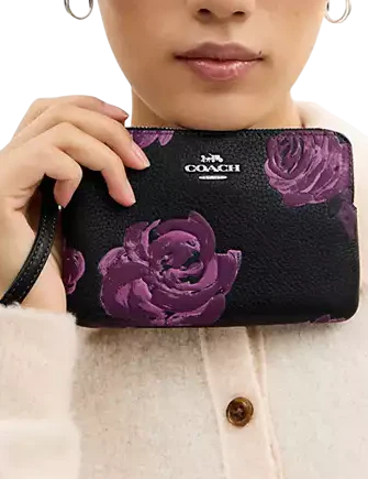 Coach Corner Zip Wristlet With Floral Print