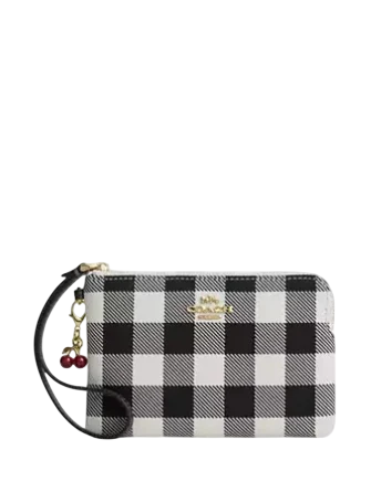 Coach Corner Zip Wristlet With Gingham Print And Charm