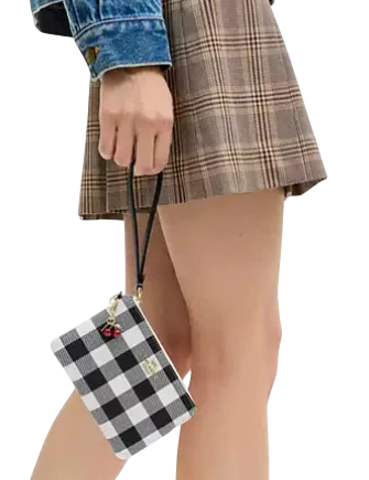 Coach Corner Zip Wristlet With Gingham Print And Charm
