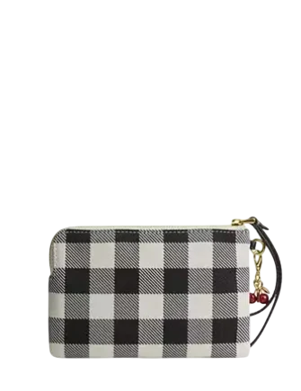 Coach Corner Zip Wristlet With Gingham Print And Charm