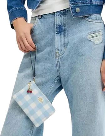Coach Corner Zip Wristlet With Gingham Print And Charm