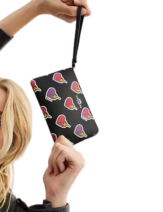 Coach Corner Zip Wristlet With Heart Bolt Print