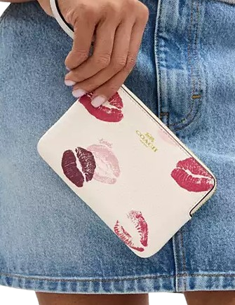 Coach Corner Zip Wristlet With Lips Print