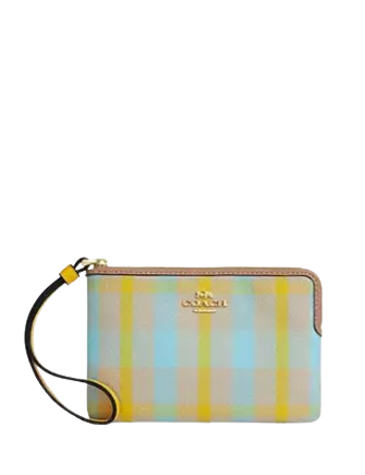 Coach Corner Zip Wristlet With Plaid Print