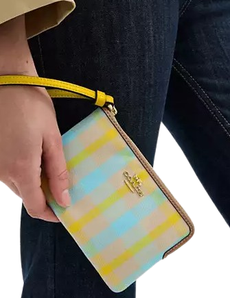 Coach Corner Zip Wristlet With Plaid Print