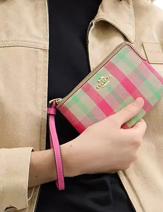 Coach Corner Zip Wristlet With Plaid Print