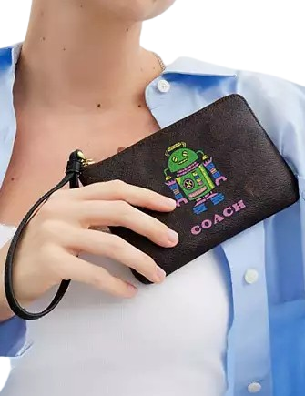 Coach Cosmic Coach Corner Zip Wristlet In Signature Canvas With Robot Print