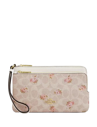 Coach Double Zip Wallet With Signature Canvas With Floral Print