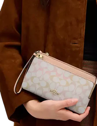Coach Double Zip Wristlet In Pretty Signature Canvas