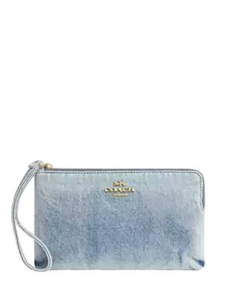Coach Large Corner Zip Wristlet In Loved Denim