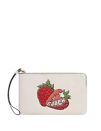 Coach Large Corner Zip Wristlet With Strawberry Graphic