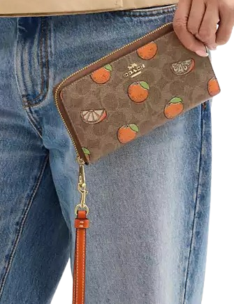 Coach Long Zip Around Wallet In Signature Canvas With Orange Print