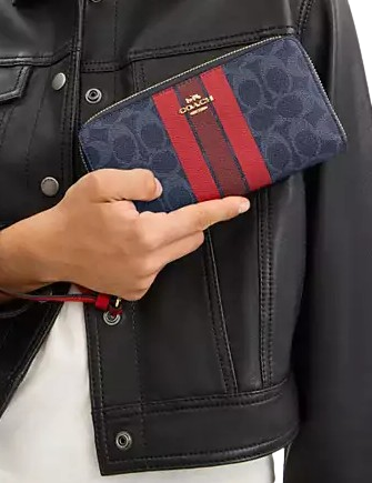 Coach Long Zip Around Wallet In Signature Canvas With Varsity Stripe