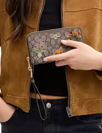 Coach Long Zip Around Wallet In Signature Jacquard With Floral Embroidery