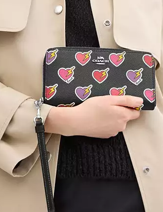 Coach Long Zip Around Wallet With Heart Bolt Print