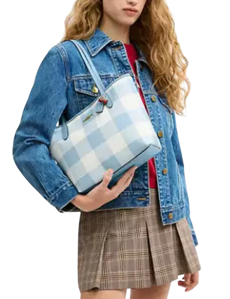 Coach Medium City Tote Bag With Gingham Print And Charm