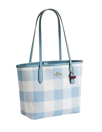 Coach Medium City Tote Bag With Gingham Print And Charm