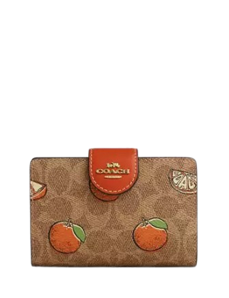 Coach Medium Corner Zip Wallet In Signature Canvas With Orange Print