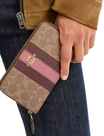 Coach Medium Id Zip Wallet In Signature Canvas With Varsity Stripe