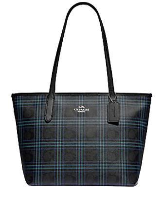 Coach Zip Top Tote in Signature Canvas With Shirting Plaid Print
